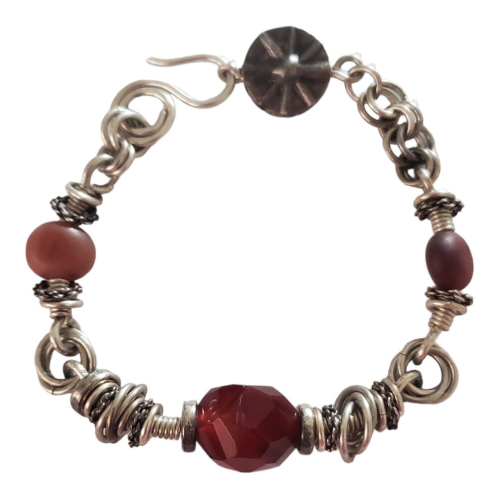 Vintage 925 Sterling Silver  Bracelet Handmade with Carnelian and Agate Beads
